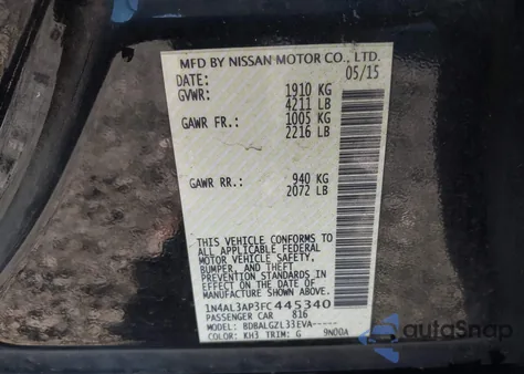 2015 Nissan Altima 2.5/2.5 S/2.5 Sl/2.5 Sv z USA, uszkodzony, nr VIN 1N4AL3AP3FC445340